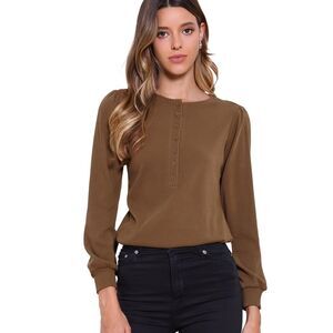 Long Sleeve Ribbed Knit Casual Crew Neck Button Down Tee Shirt Coffee